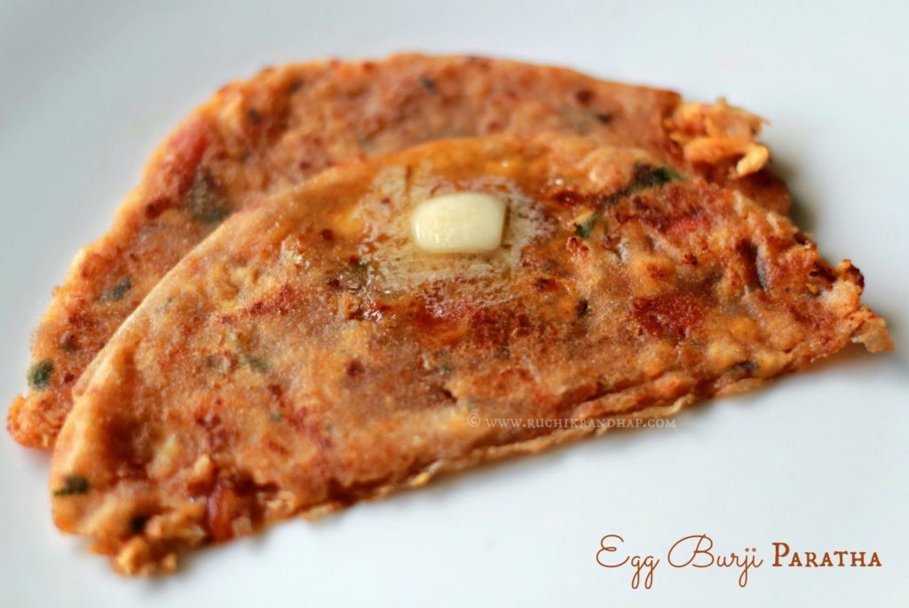 homemade baby food – egg burji paratha (whole wheat flour flatbread stuffed with scrambled eggs)