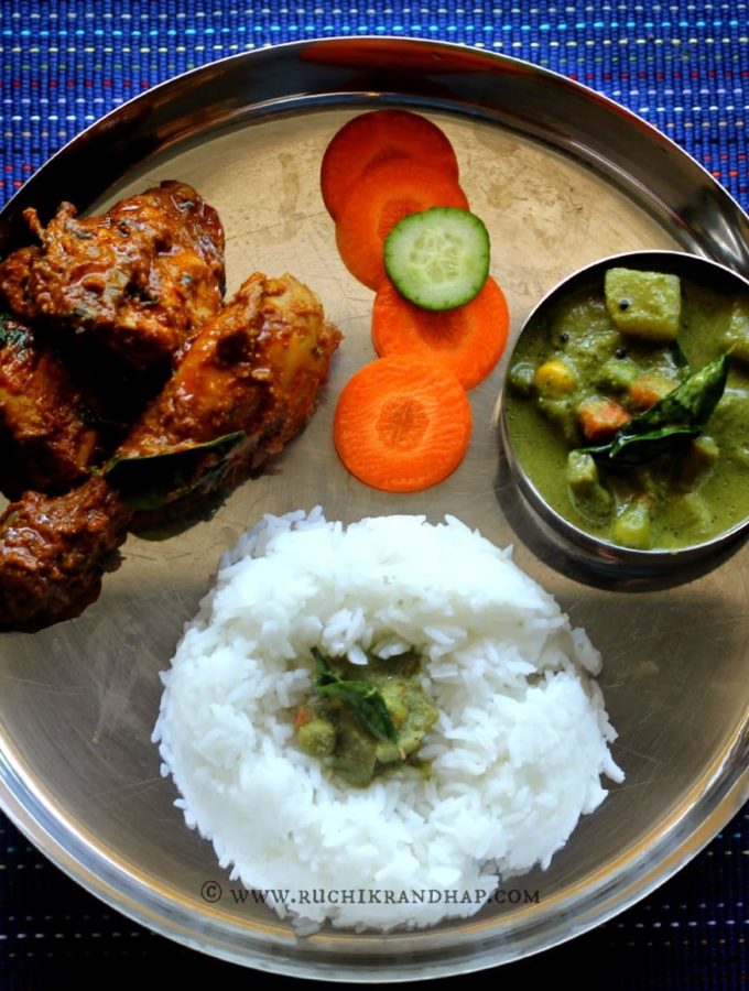 Mangalorean Plated Meal Series – Boshi# 11 – Chicken Ghee Roast, Mixed Vegetable Saagu & Rice