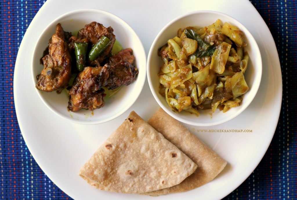mangalorean plated meal series – boshi#8 – raisin chicken, cabbage miryapito & chapathis