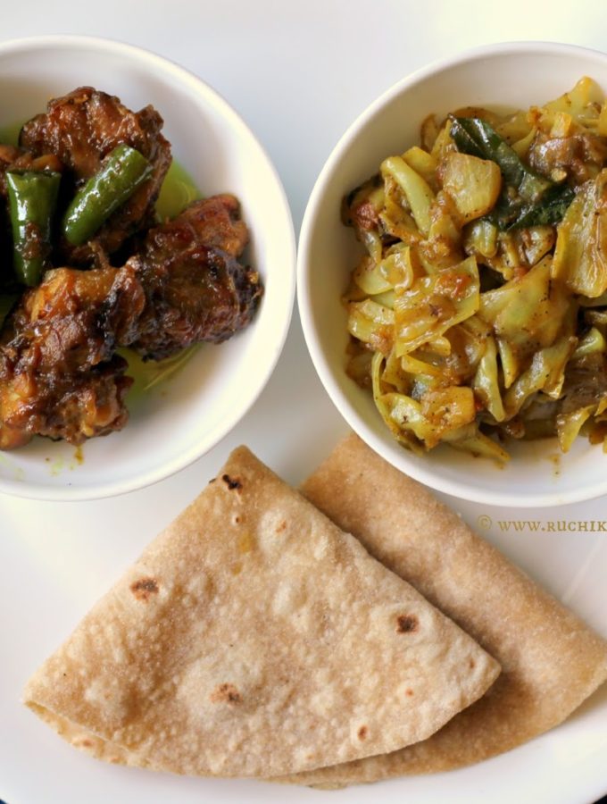 Mangalorean Plated Meal Series – Boshi#8 – Raisin Chicken, Cabbage Miryapito & Chapathis