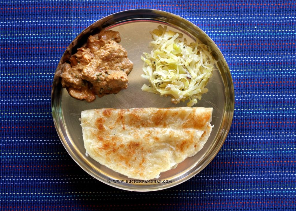 mangalorean plated meal series – boshi# 12 – hyderabadi chicken, cabbage upkari & plain paratha