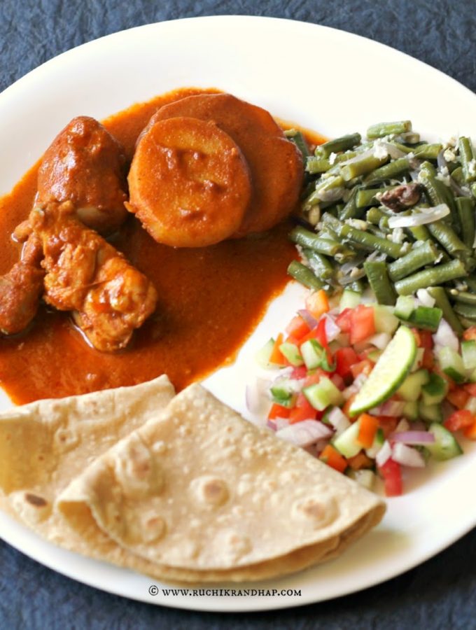 Mangalorean Plated Meal Series – Boshi# 13 – Chicken Indad, Sango Thel Piao, Kachumber, Chapathis