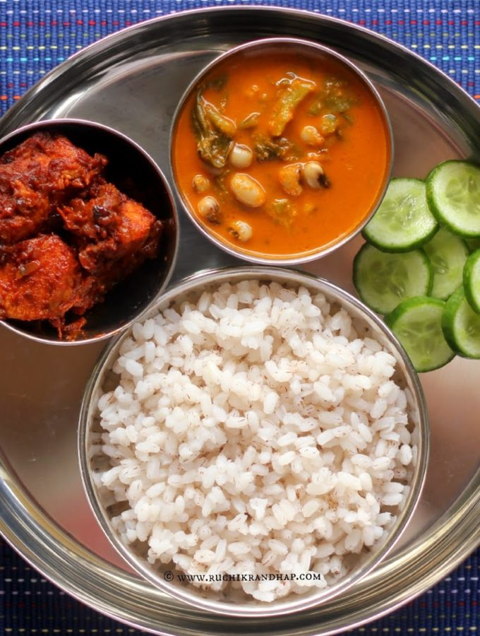 Mangalorean Plated Meal Series – Boshi# 19 – Chicken Masala Fry, Valchebaji Ani Guley, Salad & Rice