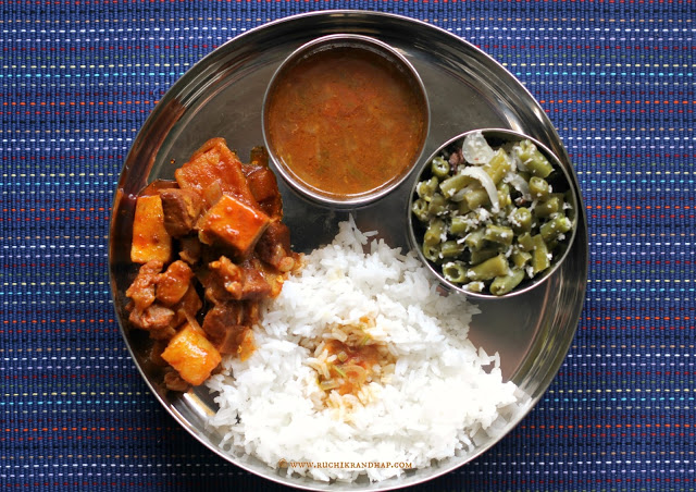 Mangalorean Plated Meal Series – Boshi# 27 – Pork Bafat with Yam & Radish, Tomato Saar, Beans Thel Piao