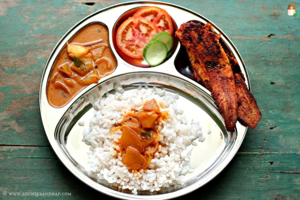 season 2 – mangalorean plated meal series – boshi# 36 – rice, mangalorean hotel style sambar, sole fish (lepo) fry & salad