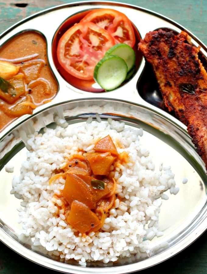 Season 2 – Mangalorean Plated Meal Series – Boshi# 36 – Rice, Mangalorean Hotel Style Sambar, Sole Fish (Lepo) Fry & Salad