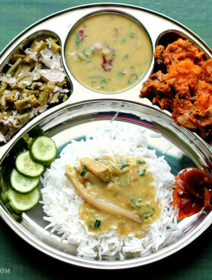 Season 2 – MANGALOREAN PLATED MEAL SERIES – BOSHI# 37 – Rice, Chicken Sukka, Dalitoy, Sango Thel Piao, Pickle & Salad