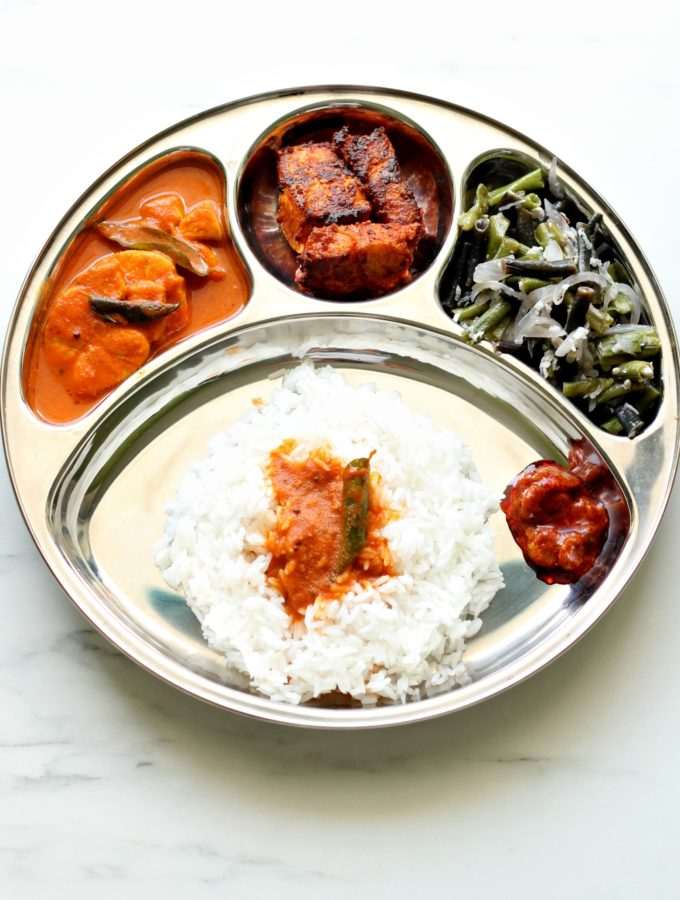Season 2 – Mangalorean Plated Meal Series – Boshi#40 – Rice, Hot & Sour Shark, Sanaki Fry, String Beans & Prawn Pickle