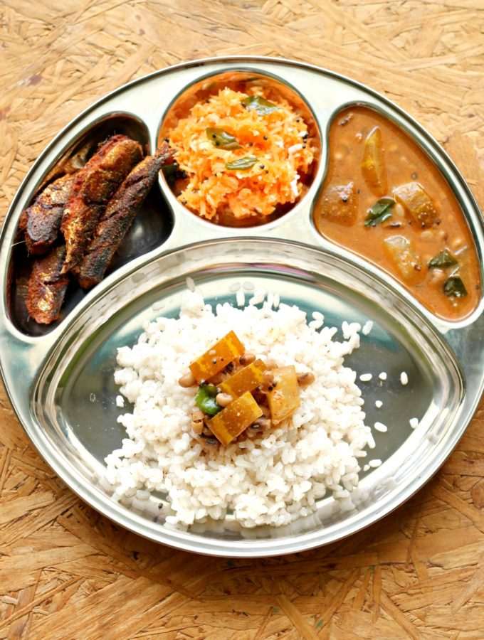 Season 2 – Mangalorean Plated Meal Series – Boshi#41 – Rice, Southekayi Huli, Fried Sardines & Carrot Kosumbari